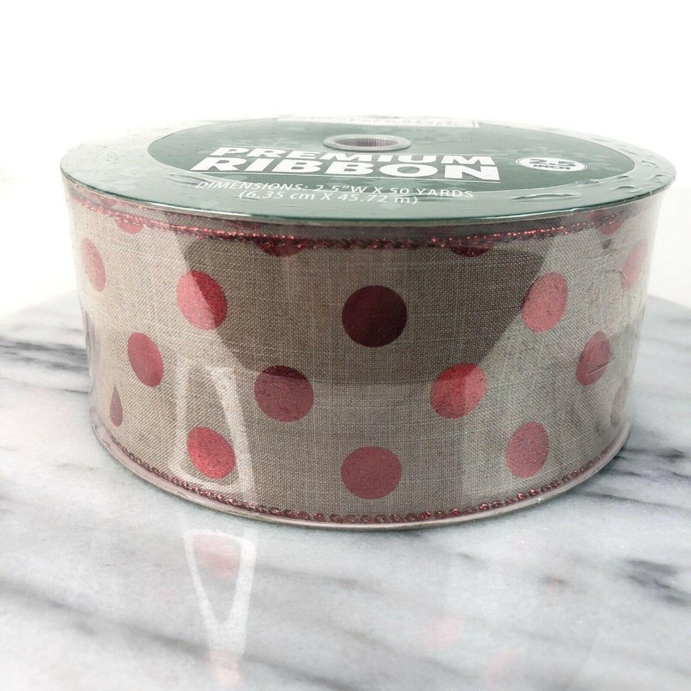 Christmas Premium Wired Ribbon Beige with Red Foil